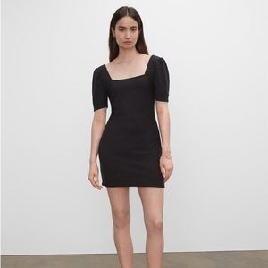Club Monaco Black Short Puff Sleeve Ribbed Bodycon Mini Dress w/ Square Neckline